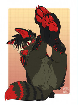 anthro black_body black_fur blush blush_lines butt claws crotch_tuft digitigrade ear_piercing embarrassed facial_piercing featureless_crotch feet fluffy foot_focus fur hair legs_lifted male markings nose_piercing nose_ring pawpads paws piercing presenting presenting_hindquarters red_body red_fur red_markings ring_piercing short_hair solo suggestive suggestive_pose tail tuft remywolf dirge_(iamsparkywolf) hi_res