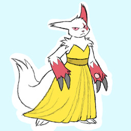 2_claws anthro arm_tuft biped claws clothed clothing dress feet female flat_chested fluffy fluffy_tail fur long_dress looking_at_viewer mouth_closed red_body red_eyes red_fur shoulder_tuft simple_background solo standing tail tuft white_body white_fur yellow_clothing yellow_dress rukakitsune game_freak nintendo pokemon generation_3_pokemon mammal pokemon_(species) zangoose 2026 absurd_res digital_media_(artwork) flat_colors hi_res