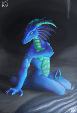 anthro bathing blind blue_body breasts cave covering covering_breasts disability female non-mammal_breasts scales solo ventral_scales dimitristratkov dniprodragon mythology esmira dragon mythological_creature mythological_scalie scalie absurd_res hi_res