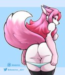 anthro anus big_butt breasts butt clothed clothing exhibitionism exposing_pussy female fluffy fluffy_tail fur hair huge_butt inner_ear_fluff legwear legwear_only long_hair looking_at_viewer looking_back makeup nipples nude panties panties_down partially_clothed pink_body pink_fur pink_hair pink_tail simple_background solo tail thigh_highs tuft underwear underwear_down white_body ambris brand_new_animal studio_trigger nazuna_hiwatashi canid canine fox mammal 2023