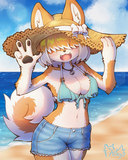 4_fingers anthro beach bikini bikini_top bottomwear breasts cleavage clothed clothing countershade_fur countershading denim denim_bottomwear denim_clothing denim_shorts female fingers fur furgonomic_hat furgonomic_headwear furgonomics gesture hair hair_over_eyes halter halter_bikini halterneck hand_gesture hat headgear headwear holding_clothing holding_hat holding_headgear holding_headwear holding_object kemono midriff multicolored_hair navel open_mouth open_smile orange_body orange_fur orange_hair outside pawpads paws seaside shorts smile solo straw_hat swimwear two-piece_swimsuit two_tone_hair v_sign waving white_body white_fur wide_brim_hat acky05 fuwari_(acky05) canid canine canis domestic_dog mammal shiba_inu spitz 4:5 absurd_res hi_res