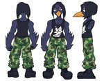 anthro black_hair bottomwear camo camo_clothing camo_print cargo_pants clothing hair looking_at_viewer male pants pattern_clothing print_clothing print_shirt print_topwear shirt solo standing tank_top topwear aaaaaron122 vtuber markmurders avian bird corvid corvus_(genus) crow oscine passerine model_sheet signature