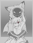 anthro duo female hug machine male nikowari_(artist) canid canine mammal protogen absurd_res greyscale hi_res monochrome sketch