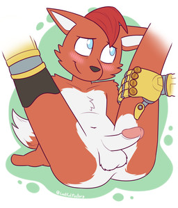 anthro balls blush cybernetic_arm cybernetic_limb cybernetics duo erection fur genitals hair hand_on_leg hand_on_thigh humanoid_genitalia humanoid_penis legs_up machine male navel nude penis smile spread_legs spreading tail luchosfactory canid canine fox mammal red_fox true_fox absurd_res digital_media_(artwork) hi_res