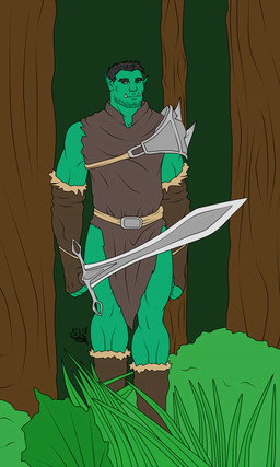 detailed_background forest humanoid_pointy_ears male melee_weapon muscular muscular_humanoid muscular_male not_furry outside plant pointy_ears solo sword tree tusks weapon hunterramirez humanoid orc 3:5 hi_res