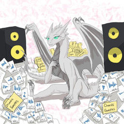 blue_eyes claws eyelashes fangs female feral grey_body happy hoard horn looking_at_another music paper silver_body solo speaker spikes tail teeth white_body wings nuree_art european_mythology mythology reevah_(nuree_art) dragon mythological_creature mythological_scalie scalie western_dragon 1:1 2020