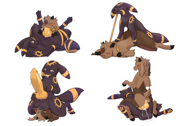 anal anal_penetration animal_genitalia animal_penis anklet anthro balls balls_on_face big_balls big_penis biped black_body black_fur blush bodily_fluids bracelet brown_body brown_fur canine_genitalia canine_penis cowgirl_position cum cum_in_ass cum_inside doggystyle duo erection fellatio feral from_behind_position from_front_position fur genital_fluids genitals huge_penis hyper hyper_genitalia hyper_penis jewelry knot leash leash_pull male male/male male_penetrated male_penetrating male_penetrating_male markings on_bottom on_top oral orange_markings pawpads penetration penile penile_penetration penis quadruped sex sheath simple_background white_background yellow_markings yellow_penis cometdragonite nintendo pokemon deity_(furrednoodle) bovid caprine eeveelution generation_2_pokemon goat mammal pokemon_(species) umbreon absurd_res hi_res
