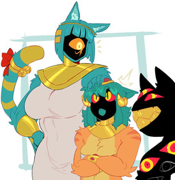 1_eye ambiguous_gender anthro egyptian female group hand_on_head osiris_(hanaarts) size_difference tongue_showing trio hanaarts egyptian_mythology middle_eastern_mythology mythology nyanlathotep_(sucker_for_love) domestic_cat felid feline felis humanoid mammal hi_res