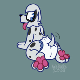 all_fours ambiguous_gender anthro clothed clothing diaper looking_at_viewer looking_back looking_back_at_viewer solo tail tail_motion tailwag tongue tongue_out wearing_diaper young kais_studios spot_(kais_studios) canid canine canis dalmatian domestic_dog mammal 1:1 2026 absurd_res hi_res male_(lore)
