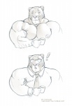 anthro areola beverage big_muscles clothing coffee eyewear flexing glasses huge_muscles hyper hyper_muscles male markings muscular muscular_anthro muscular_male nipples nude pecs shirt simple_background solo surprise topwear torn_clothing purrcules_(artist) purrcules_(character) felid hybrid liger lion mammal pantherine tiger 2015 sketch