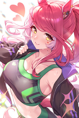 bodily_fluids bra breasts clothing eyebrow_through_hair eyebrows eyelashes female hair heart_symbol jacket looking_at_viewer pink_hair ponytail smile solo sports_bra sweat tail topwear translucent translucent_hair underwear yellow_eyes tomo_(tmtm_mf_mf) cygames uma_musume_pretty_derby loves_only_you_(pretty_derby) animal_humanoid equid equid_humanoid equine equine_humanoid horse_humanoid humanoid mammal mammal_humanoid hi_res