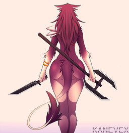 anthro armlet armor axe battle_axe big_butt biped butt fantasy_weapon female fur gold_(metal) knife melee_weapon nude pauldron rear_view simple_background solo standing tail tail_tuft tanto tuft weapon kanevex noah_valerian caelera mammal 2015