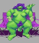 anthro balls belly big_balls big_belly big_breasts big_tail breasts claws deep_navel erection folding_chair front_view genitals green_body green_scales green_spines gynomorph hair hair_over_eyes humanoid_genitalia humanoid_penis intersex looking_at_viewer love_handles navel nipples non-mammal_breasts non-mammal_nipples nude obese obese_anthro obese_gynomorph obese_intersex obscured_eyes open_mouth overweight overweight_anthro overweight_gynomorph overweight_intersex penis presenting presenting_penis pubes purple_hair purple_pubes scales sharp_teeth simple_background sitting solo spread_legs spreading tail tail_spines teeth thick_tail thick_thighs vein veiny_penis wide_hips epitaphkho_(artist) mercedes_(epitaphkho) crocodilian reptile scalie