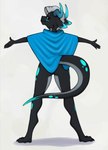 5_fingers anthro big_pupils biped black_body black_claws blue_clothing blue_ear_tips blue_eyes blue_horn blue_markings blue_poncho blue_spots blue_tail_tip bottomless bottomless_anthro bottomless_female butt casual_exposure claws closed_smile clothed clothed_anthro clothed_female clothing countershade_legs countershade_neck countershade_tail countershading curved_horn digitigrade dipstick_ears dipstick_tail ear_markings eyebrows facial_markings feet female female_anthro fingers glistening glistening_eyes grey_body grey_countershading grey_eyebrows grey_hair hair head_markings horn humanoid_hands iris leg_markings long_tail looking_at_viewer looking_back looking_back_at_viewer markings monotone_clothing monotone_hair mouth_closed multicolored_body multicolored_ears poncho poncho_only pupils rear_view simple_background smile smiling_at_viewer solo spots spotted_face spotted_legs spotted_markings spotted_tail spread_arms standing tail tail_markings toe_claws toes white_background marsminer kobold scalie 2025 full-length_portrait hi_res portrait