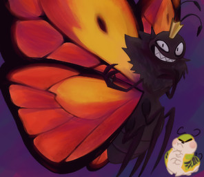 2_antennae 4_arms 4_legs 6_legs antennae_(anatomy) anthro arthropod_abdomen black_antennae black_body blush blush_stickers crown duo evil_grin eyebrows eyeless eyespots feral flying green_body grin headgear insect_wings lepidopteran_wings looking_at_viewer markings monotone_body multi_arm multi_limb multicolored_wings nude orange_wings pink_blush purple_background quadruped ruff simple_background smile standing striped_body stripes teeth toothy_grin wings young young_feral self-f1sh disney hoppers_(disney) pixar titus_(hoppers) arthropod butterfly caterpillar insect larva lepidopteran monarch_butterfly 2026 digital_media_(artwork) digital_painting_(artwork) painting_(artwork)
