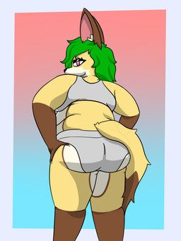 anthro bra brown_body brown_fur butt clothing curvy_figure fat_arms female folds fur green_hair hair hands_on_hips head_over_shoulder looking_back obese overweight panties purple_eyes solo standing tan_body tan_fur underwear weight_gain white_body white_fur yellow_body yellow_fur rihvers_(artist) rihvers canid canine fennec_fox fox mammal true_fox 3:4 hi_res
