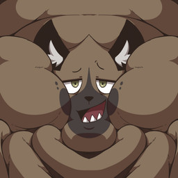 anthro big_cheeks black_ears blob_face blobby brown_body brown_fur chubby_cheeks double_chin eyebrows fur green_eyes huge_cheeks hyper_cheeks inner_ear_fluff male morbidly_obese morbidly_obese_anthro morbidly_obese_male multiple_chins obese obese_anthro obese_male open_mouth overweight overweight_anthro overweight_male raised_eyebrow red_tongue sharp_teeth solo teeth tongue triple_chin tuft white_inner_ear_fluff xxedge aggretsuko sanrio haida_(aggretsuko) hyena mammal 1:1 2026 headshot_portrait hi_res portrait