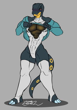 abs andromorph andromorph_anthro anthro black_body blush camel_toe claws clothed clothed_andromorph clothed_anthro clothing clothing_lift curvy_figure grumpy hourglass_figure intersex intersex_anthro legwear leotard multicolored_body muscular muscular_andromorph muscular_anthro muscular_intersex orange_eyes red_sclera shirt shirt_lift skimpy solo standing sweater sweater_lift tail thigh_highs topwear two_tone_body yellow_body wayesh fairuz_(wayesh) lizard monitor_lizard reptile scalie hi_res signature