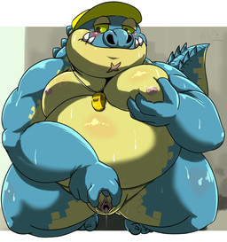 andromorph animal_genitalia anthro belly blue_body blue_scales blush clothing crouching genitals hat headgear headwear intersex nipples overweight overweight_andromorph overweight_intersex pecs scales solo spread_vulva spreading visor_cap vulva yamatoji201 lifewonders tokyo_afterschool_summoners makara_(tas) crocodile crocodilian reptile scalie hi_res