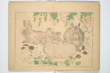 ambiguous_feral ambiguous_gender feral fur group leaf long_ears lying on_front plant plantigrade quadruped resting scut_tail short_tail simple_background tail text trio whiskers kawanabe_kyosai public_domain lagomorph leporid mammal rabbit 1881 19th_century absurd_res ancient_art hi_res japanese_text traditional_media_(artwork) translation_request