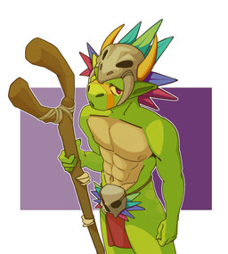 abs anthro bottomwear clothed clothing feathered_headdress green_body holding_object holding_staff loincloth male muscular muscular_anthro muscular_male nipples pecs red_eyes skull_accessory skull_helmet solo staff standing topless topless_anthro topless_male yellow_sclera yolhi terraria shimmered_witch_doctor witch_doctor_(terraria) lihzahrd lizard reptile scalie 2026 absurd_res digital_media_(artwork) hi_res portrait three-quarter_portrait