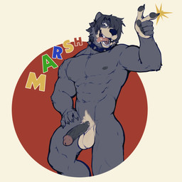 anthro balls blue_body blue_fur collar collar_only erection fur genitals gesture glans hand_gesture humanoid_genitalia humanoid_penis male muscular muscular_male nipples nude nude_male open_mouth open_smile penis pointing simple_background smile solo spiked_collar spikes tongue tongue_out jrjresq marsh_(jrjresq) bear black_bear mammal ursine 1:1 hi_res