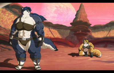 abs anthro arena armor blonde_hair blue_body blue_fur blue_hair bottomwear clothing duo female footwear fur gloves hair handwear loincloth multicolored_body multicolored_fur navel open_mouth orange_body orange_fur planet ponytail space topwear two_tone_body two_tone_fur white_body white_fur wounded xxsparcoxx selene_(xxsparcoxx) titania_(xxsparcoxx) canid canine canis fox mammal wolf 2016 digital_media_(artwork)