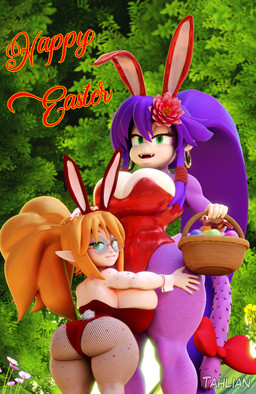 accessory anthro areola areola_slip basket big_breasts big_butt breasts bunny_costume butt cleavage clothed clothing container costume curvy_figure duo ear_piercing ear_ring easter_basket easter_egg eyewear fake_ears fake_rabbit_ears female female/female flower flower_in_hair freckles fur furgonomics glasses hair hair_accessory holidays hug huge_breasts humanoid_pointy_ears looking_at_viewer orange_hair piercing plant pointy_ears ponytail purple_hair ring_piercing shortstack side_boob tail tail_accessory thick_thighs voluptuous wide_hips tahlian easter felicia_(tahlian) kiki_(tahlian) elf haplorhine humanoid mammal monkey primate 3d_(artwork) absurd_res blender_(artwork) digital_media_(artwork) hi_res