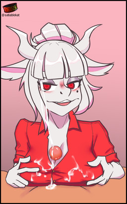anthro big_breasts bodily_fluids breast_play breasts clothed clothing cum cum_on_breasts duo ears_down ejaculation female female_focus first_person_view genital_fluids genitals hair human_on_anthro interspecies male male/female penis pivoted_ears sex shirt solo_focus titfuck titfuck_under_clothes topwear white_body white_hair satiablekat helltaker goat_lucifer_(helltaker) bovid caprine caprine_demon demon goat human mammal hi_res