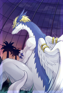 anthro blonde_hair blue_body blue_eyes cloud dusk feathered_wings feathers furgonomic_piercing furgonomics hair looking_at_viewer male multicolored_body nude piercing plant semi-anthro sitting sky solo star tree two_tone_body white_body wing_piercing wings osakana_gabu legendz mythology shiron dragon mythological_creature mythological_scalie scalie windragon hi_res