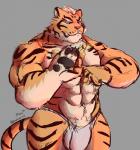 5_fingers abs anthro balls belly biceps biped black_stripes bulge claws clothing countershading fingers fur genitals grey_background hair male multicolored_body multicolored_fur muscular muscular_anthro muscular_male orange_body orange_fur orange_nose pawpads pecs seductive sex short_hair simple_background solo striped_body striped_fur stripes tan_body tan_fur tan_hair underwear radcanine nekojishi studio_klondike lin_hu felid mammal pantherine tiger 2019 digital_media_(artwork) half-length_portrait hi_res portrait signature