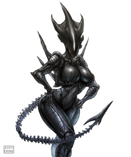 4_arms anthro big_breasts black_body breast_grab breasts claws exoskeleton female hand_on_breast hand_on_hip huge_hips multi_arm multi_limb small_waist solo tail thick_thighs wide_hips kory_cromie alien_(franchise) alien xenomorph 5:6 hi_res signature