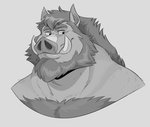 anthro beard body_hair chest_hair eyebrows facial_hair male simple_background smile solo thick_eyebrows tusks polartoons broody mammal suid suine sus_(pig) wild_boar 2020 bust_portrait greyscale hi_res monochrome portrait