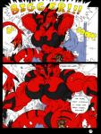 2005 anthro big_muscles breast_expansion breasts claws color_edit colored comic dialogue dnapalmhead dragon duo english_text expansion female gills growth growth_sequence macro muscular muscular_anthro muscular_female mythological_creature mythological_scalie mythology navel non-mammal_breasts onomatopoeia red_body red_scales redsaber scales scalie size_difference sound_effects speech_bubble tail text third-party_edit traditional_media_(artwork) yellow_eyes