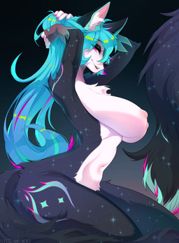 anthro big_breasts blue_hair breasts butt female fluffy fluffy_tail fur hair looking_at_viewer multicolored_body multicolored_fur nipples nude purple_eyes simple_background smile solo tail stelladraco mythology canid canine mammal absurd_res digital_media_(artwork) hi_res