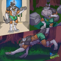 age_difference all_fours anthro belly_tuft black_body black_fur blue_eyes bottomwear boulder brown_body brown_fur chest_tuft claws clothing comic_panel crouching detailed_background digitigrade dumbbell exercise fangs finger_claws forest fur fur_markings furgonomic_bottomwear furgonomics grass greying_hair hotpants inside jewelry lifting_boulder lifting_object light male markings moon moonlight multicolored_body multicolored_fur muscular muscular_male necklace night notched_ear older_male outside plant ring rock running running_on_all_fours scar shorts sky solo standing tail teeth toe_claws tree tuft weightlifting weights white_body white_fur workout wispypie mythology steve_hayes canid canine mammal mythological_canine mythological_creature werecanid werecanine werecreature werewolf 1:1 comic digital_drawing_(artwork) digital_media_(artwork) hi_res watermark