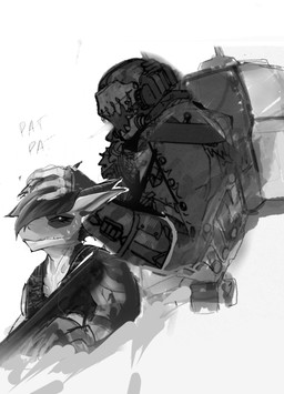 anthro black_sclera clothing duo female female_anthro hair headpat horn male male/female military muscular muscular_anthro muscular_female ranged_weapon scales simple_background soldier superhuman warrior weapon granitmuli a_man_in_a_beasts_world mythology amber_hellfire_(ghilliecamo) mason_(granitmuli) dragon human mammal mythological_creature mythological_scalie scalie hi_res monochrome