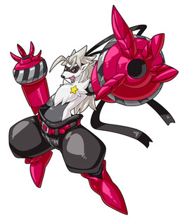 anthro belt bottomwear clothing cybernetic_arm cybernetic_limb female footwear fur grey_body grey_fur grey_hair hair mask mechanical_arm open_mouth pants red_eyes shoes solo star white_body white_fur zipper dlrowdog bandai_namco digimon digimon_beatbreak digimon_(species) wolvermon digital_media_(artwork) hi_res
