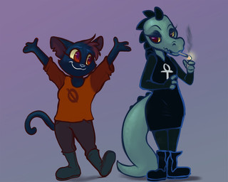 alternative_fashion anthro blue_body blue_fur boots cheek_tuft cigarette clothing duo facial_tuft female female/female footwear fur goth green_body green_scales grey_background half-closed_eyes lighter narrowed_eyes scales shoes simple_background smile smoking smoking_tobacco tuft diadorin night_in_the_woods bea_santello mae_borowski crocodile crocodilian domestic_cat felid feline felis mammal reptile scalie 2017 5:4