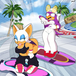 anthro beak big_breasts blush bottomwear bottomwear_down breasts butt butt_jiggle cleavage clothed clothing duo extreme_gear eyelashes eyeshadow eyewear female female/female footwear jiggling kerchief makeup making_faces mocking mooning motion_lines palm_tree pants pants_down partially_clothed plant shoes sunglasses tail taunting teasing tongue tongue_out tree wings jeanart sega sonic_riders sonic_the_hedgehog_(series) rouge_the_bat wave_the_swallow avian bat bird hirundinid mammal oscine passerine swallow_(bird) 1:1 hi_res signature