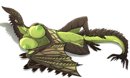 3_toes bent_legs big_breasts breasts brown_body brown_scales busty_feral claws eyelashes feet female feral genitals glistening glistening_eyes green_body green_eyes green_nipples green_scales green_skin head_crest humanoid_genitalia humanoid_genitalia_on_feral humanoid_vulva lying membrane_(anatomy) membranous_wings nipples non-mammal_breasts non-mammal_nipples non-mammal_vulva puffy_nipples scales shadow simple_background solo spiked_tail spikes spikes_(anatomy) tail toes ventral_scales vulva white_background white_sclera wings d-crow capcom monster_hunter astalos flying_wyvern scalie 2026 digital_drawing_(artwork) digital_media_(artwork) full-length_portrait hi_res portrait shaded