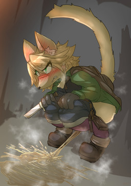 anthro blonde_hair blush bodily_fluids clothed clothing embarrassed female genital_fluids green_eyes hair knife melee_weapon peeing solo tail text thief urine weapon mttbsmn rua_the_thief_(mttbsmn) mammal mouse murid murine rodent absurd_res english_text hi_res