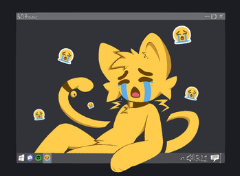 anthro bodily_fluids collar computer crying electronics emoji fur sobbing solo tears yellow_body yellow_fur flmz discord_(app) spotify cat_emoji felid feline living_emoji mammal
