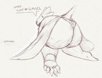 anthro big_butt butt cellulite clothing coat confusion crawling dialogue eyewear feet female glasses huge_butt kneeling lab_coat panties panty_shot sharp_teeth short_tail solo speech_bubble tail teeth text toes topwear underwear bastefan16 undertale undertale_(series) alphys lizard reptile scalie hatching_(art) shaded sketch