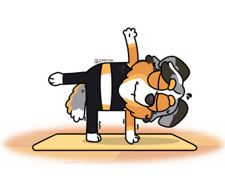 anthro bangs bottomwear clothing eyes_closed female fur multicolored_body multicolored_fur orange_body orange_fur pants solo tail yoga yoga_pants yoga_top zankandreas bluey_(series) calypso_(bluey) australian_shepherd canid canine canis domestic_dog herding_dog mammal pastoral_dog sheepdog