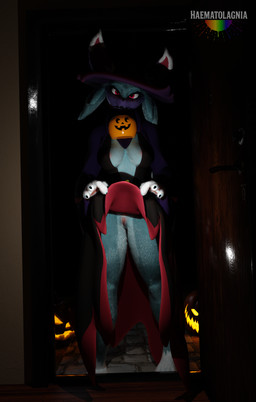 anthro areola blue_body blue_fur breasts clothed clothing female food fruit fur genitals hat headgear headwear holidays looking_at_viewer palmorph plant presenting pumpkin smile solo teeth vulva witch_hat haematolagnia furromantic_(modeler) halloween palworld pocketpair katress_(furromantic) felid feline katress mammal pal_(species) 3d_(artwork) absurd_res digital_media_(artwork) hi_res portrait