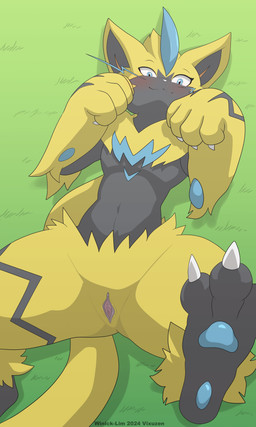 3_toes 4_fingers anthro biped black_body black_eyebrows black_fur black_inner_ear blue_body blue_eyes blue_fur blue_pawpads blue_whiskers blush claws closed_smile eyebrows eyelashes feet female female_anthro finger_claws fingers fur genitals glistening glistening_eyes grass humanoid_genitalia humanoid_vulva looking_at_viewer lying mouth_closed multicolored_body multicolored_fur nude nude_anthro nude_female on_back on_grass on_ground pawpads plant small_nose smile smiling_at_viewer solo spread_legs spreading tail text thin_eyebrows toe_claws toes vulva whiskers white_nose yellow_body yellow_fur yellow_tail winick-lim nintendo pokemon felid feline generation_7_pokemon legendary_pokemon mammal pokemon_(species) zeraora 2024 absurd_res artist_name digital_media_(artwork) hi_res