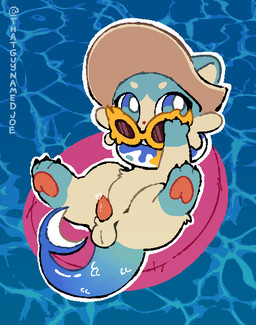 balls blue_body blue_eyes blue_fur bodily_fluids clothing dripping eyewear feral fish_tail fur genital_fluids genitals glasses hat headgear headwear inflatable inner_tube male pawpads penis precum precum_drip small_penis solo tail tan_body tan_fur tapering_penis toony water thatguynamedjoe honkai:_star_rail mihoyo bubbles_(honkai:_star_rail) chimera