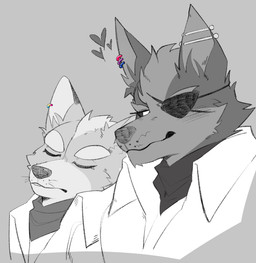 anthro anthro_on_anthro bisexual_pride_colors clothed clothing cuddling duo ear_piercing ear_ring eye_patch eyebrows eyes_closed eyewear fur grey_background hair head_on_shoulder heart_symbol industrial_piercing jacket kerchief lgbt_pride looking_at_another male male/male narrowed_eyes neckerchief neckwear pansexual_pride_colors piercing pride_color_accessory pride_color_jewelry pride_color_piercing pride_colors ring_piercing scar simple_background sleeping smile topwear tuft whiskers iglioatelle nintendo star_fox fox_mccloud wolf_o'donnell canid canine canis fox mammal wolf 2022 greyscale hi_res monochrome