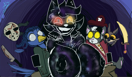big_breasts breasts clothing costume dominant dominant_female female hallowen happy hug huge_breasts jason_costume male melee_weapon nipples pirate_costume sword weapon destruteka hoki_(joseluisgm) avian bird canid canine canis felid feline mammal owl wolf sketch